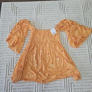FREE PEOPLE Lana Off Shoulder Golden Poppy Bell Sleeve Tunic Top XS